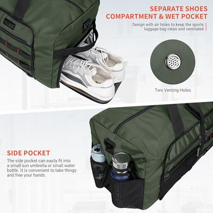 WITZMAN Foldable Duffle Bag for Travel 65L Lightweight Packable Duffel Bag with Shoes Compartment Overnight Bag for Men Women (B697 Army Green） - color: Army Green