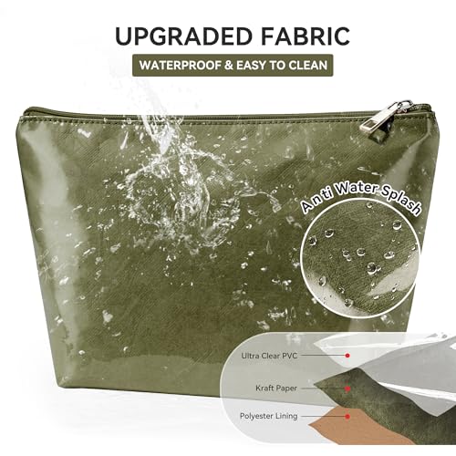 WLLWOO PVC Waterproof Makeup Bag Kraft Paper Cosmetic Bag Travel Toiletry Zipper Pouch Organizer for Women Purse - color: PVC-Olive Green