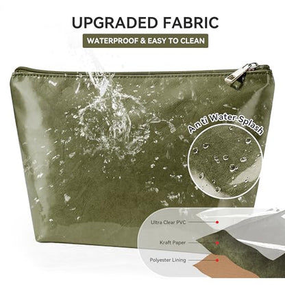 WLLWOO PVC Waterproof Makeup Bag Kraft Paper Cosmetic Bag Travel Toiletry Zipper Pouch Organizer for Women Purse - color: PVC-Olive Green