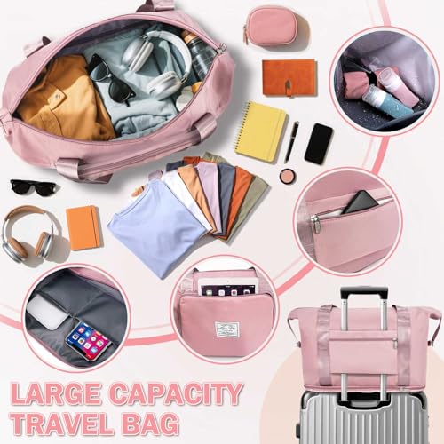 Ranslen Large Capacity Folding Travel Bag,Expansion Travel Duffel Bag with Dry and Wet Separation Portable Travel Duffel Bag - color: Pink
