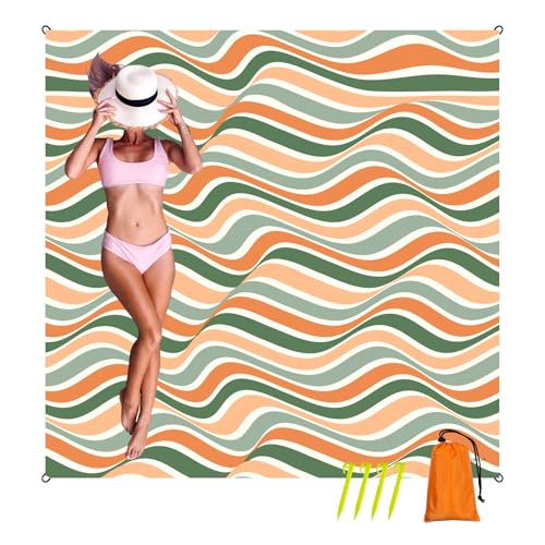 Oversized Sandproof Beach Blanket (83"x81"), Extra Large Beach Sheet for Up to 6 People. Sandfree Beach Mat, Big Sand Blankets with Sand Bags and Stakes. (Colored Wave) - color: Colored Wave, size: LARGE (83" x 81" / 6'11" x 6'9")