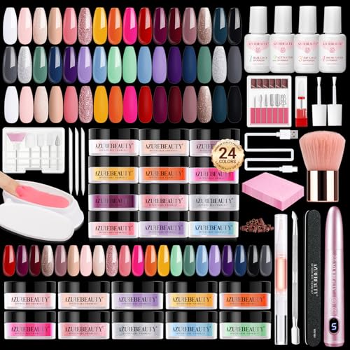 AzureBeauty Dip Powder Nail Kit with Electric Nail Drill 24 Colors Nude Pink Glitter Red Green Nail Powder Starter Kit with Dip Liquid Set Base Top Coat Activator Portable Manicure Essential Set - color: Bright Green Red