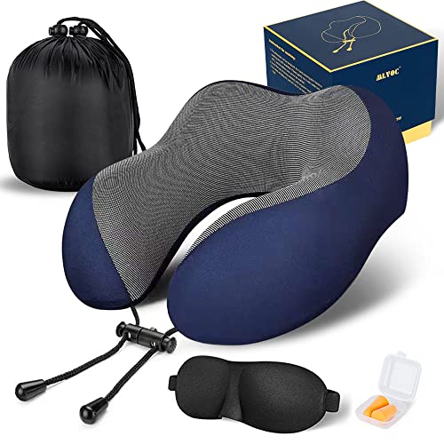 MLVOC Neck Pillow for Traveling, Upgraded 100% Pure Memory Foam Travel Neck Pillow for Airplane Flight Sleep, Breathable & Machine Washable Cover, Travel Kit with 3D Eye Mask, Earplugs & Bag, Blue - color: Blue