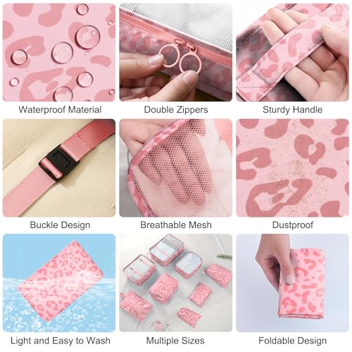 Packing Cubes for Travel - 8 Set Luggage Organizer Bags for Family, Mesh Breathable Packing Cubes for Suitcases Durable Travel Essentials Bags Set - color: Pink Leopard