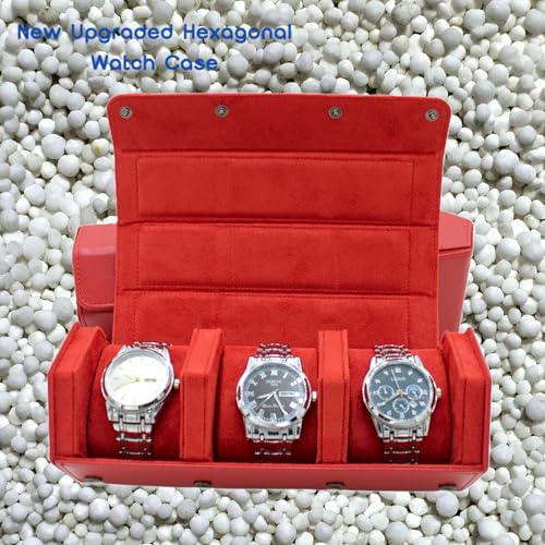Watch Travel Hexagon Case Portable Organizer - Luxury Watch Hexagon Travel Box Recycled Leather Storage and Display for Men and Women(3Slot-Red) - color: Hexagon-Red, size: Three slots