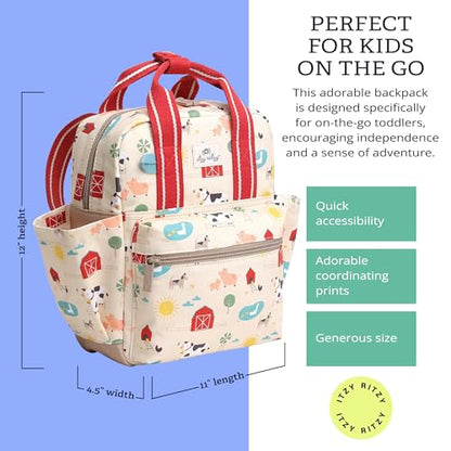 Itzy Ritzy Toddler Backpack - Daycare Bag - Features Adjustable Shoulder Straps, 2 Side Pockets & Spacious Interior with Wipeable Fabric Lining & Name Label, Farm Backpack - color: Farm