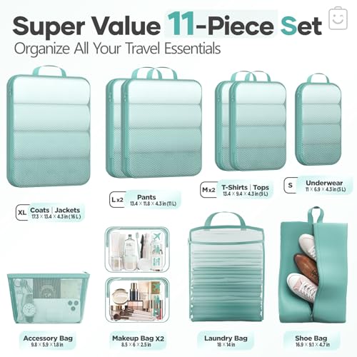 Veken 11-Pack Compression Packing Cubes for Travel Essentials,Compressible Expandable Large Luggage Suitcase Organizer Bags for Clothing,Durable Space Saver Bags with Toiletry Bags(Blue Green) - color: Blue Green, size: 11 set