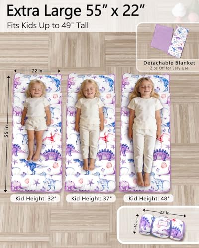 Primlect Toddler Nap Mat Extra Large Thickened 55''x35'', Soft Sleeping Bag with Detachable Minky Blanket and Pillow, Portable for Daycare, Preschool, Kindergarten, Travel, Boys and Girls - color: Purple Dinosaur