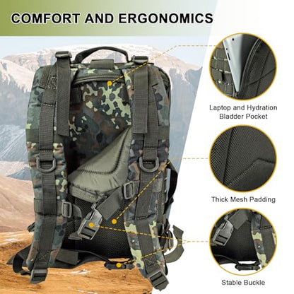 Hannibal Tactical MOLLE Assault Backpack, Tactical Backpack Military Army Camping Rucksack, 3-Day Pack Trip w/USA Flag Patch, D-Rings, Flecktarn - color: Flecktarn