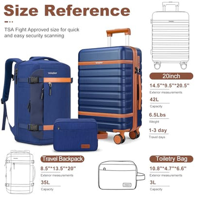 Luggage Sets 3 Piece with Spinner Wheels, Lightweight PC Hardside Suitcase with TSA Lock & YKK Zippers, 20 Inch Carry On Luggage with Travel Bag for Men and Women, Blue - color: Blue, size: 3 Piece Set (20inch)