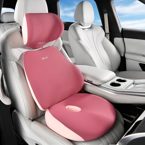 FLORICH Car Seat Cushion & Lumbar Support Pillow & Car Neck Pillow, Ergonomic Memory Foam Driving Seat Cushions for Back & Sciatica Pain Relief, Non-Slip Cushion for Car, Office Chair,Wheelchair-Pink - color: A-cushion&lumbar&neck Pillow-pink