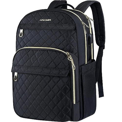 KROSER Laptop Backpack 15.6 Inch Stylish Daypack with USB Charging Port, Water-repellent Nylon Backpack Backpack for Travel/Business/Women/Black - color: Quilted Black