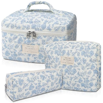 Gosect Makeup Bag, Large Quilted Cosmetic Bag, Big Floral Make Up Bag for Women Girls, Cute Cotton Makeup Bag Set, Flower Travel Toiletry Organizer Bag (Blue Flower) - color: Flower