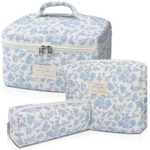Gosect Makeup Bag, Large Quilted Cosmetic Bag, Big Floral Make Up Bag for Women Girls, Cute Cotton Makeup Bag Set, Flower Travel Toiletry Organizer Bag (Blue Flower) - color: Flower