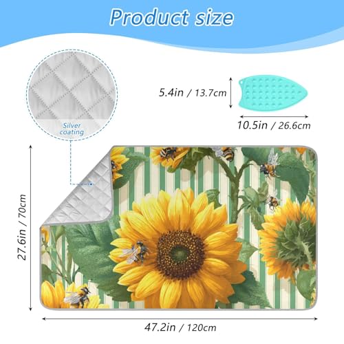 Green Striped Sunflowers and Bees Ironing Mat for Table top Portable Ironing Pad Blanket for Washer Dryer Countertop Travel - color: Green Striped Sunflowers and Bees