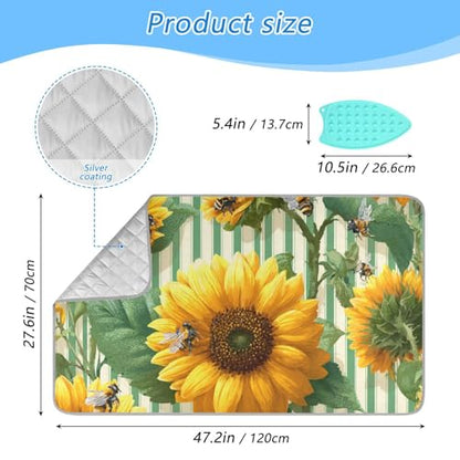 Green Striped Sunflowers and Bees Ironing Mat for Table top Portable Ironing Pad Blanket for Washer Dryer Countertop Travel - color: Green Striped Sunflowers and Bees