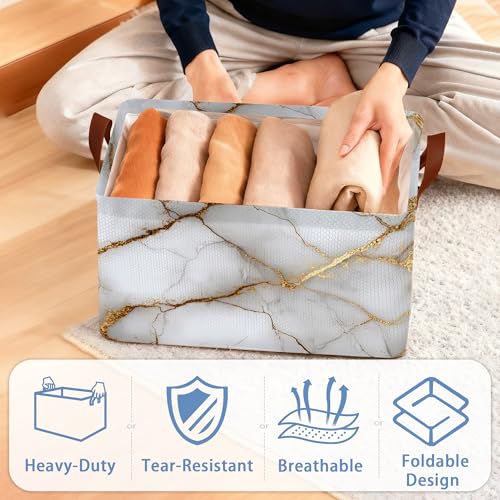 White Gold Marble Storage Baskets,Foldable Large Capacity Organizer Bins with Waterproof Lining and Leather Handles for Closet,Shelf,Bedroom 17x11.5x10Inch - color: White Gold Marble