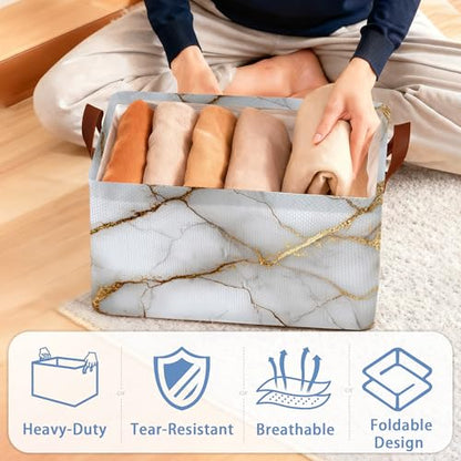 White Gold Marble Storage Baskets,Foldable Large Capacity Organizer Bins with Waterproof Lining and Leather Handles for Closet,Shelf,Bedroom 17x11.5x10Inch - color: White Gold Marble