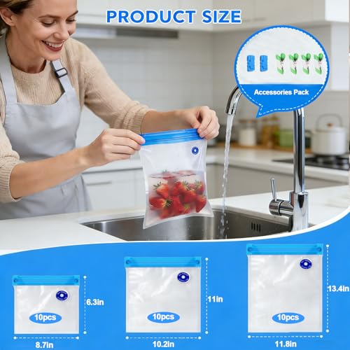 MOMODA Sous Vide Cooking Bags - Set of 30 | BPA-Free Reusable Vacuum Seal Bags with Air Valve for Joule and Anova Cookers | Freezer Safe Vacuum Food Storage Bags with Upgraded Electric Pump Included - color: Electric Pump-White