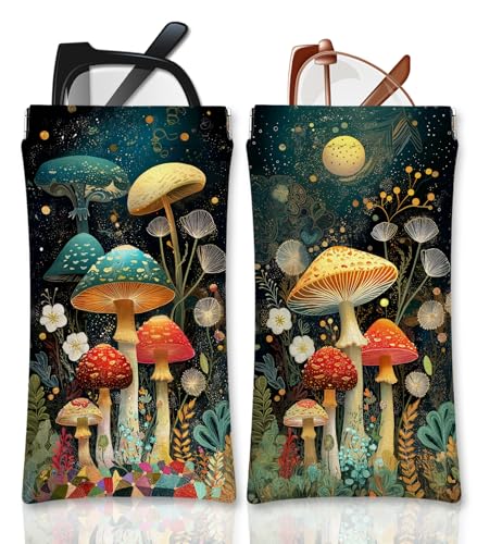 Eyeglasses Sunglasses Case PU Soft Squeeze Top Glasses Pouch for Women Student,Floral Pattern Portable Anti Scratch - color: Brown-mushroom05