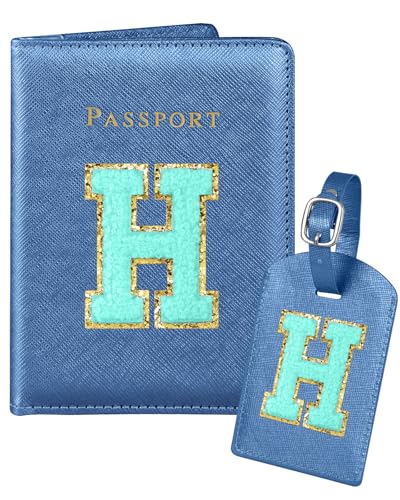 Slohif Passport Holder Initial Lugguage Tag Set Suitcase Cover Wallet Case for Travel Women - Leather Letter Passport Book Personalized Organizer Card Protector Sleeve Essentials Slim Carrier Blue H - color: Blue, style: H