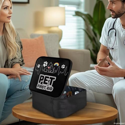 First Aid Case Empty Pet Heartbeat Pattern Veterinary Medic Bag for Animal Clinics and Pet Owners Includes Secure Zipper Compartments Breathable Mesh Panels Soft Lining Washable Material - color: Pet Heartbeat