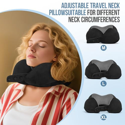 Travel Neck Pillows for Airplanes Memory Foam Neck Pillow for Traveling Adjustable Travel Pillow for Sleeping, Airplane,Train, Car with Eye Mask, Earplugs, Carry Bag