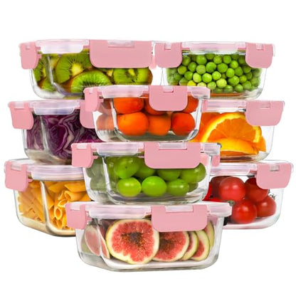 HOMBERKING Glass Food Storage Containers with Lids, [18 Piece] Glass Meal Prep Containers, Airtight Lunch Bento Boxes, BPA-Free & Leak Proof (9 lids & 9 Containers) - Pink - color: Pink