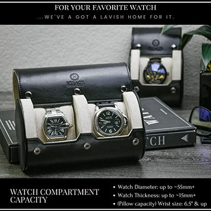 2 Watches Travel Case for Men - Mirage Watch Roll - Jade Black/Ivory White Vegan Leather - color: Jade Black/Ivory 2-watch case