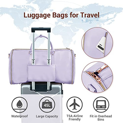 Garment Bags for Travel for Women, Stylish Garment Duffle Bag, Convertible & Foldable 2 in 1 PU Suit Bag For Hanging Clothes, Business Trip Bag With Toiletry Pocket & Shoes Compartment, Purple - color: Purple
