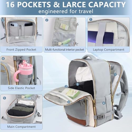 Travel Laptop Backpacks, 30L Carry On Backpack with 3 Packing Cubes, Travel Backpack for Women Airline Approved, Overnight Weekender Backpacks (Light Grey) - color: Grey