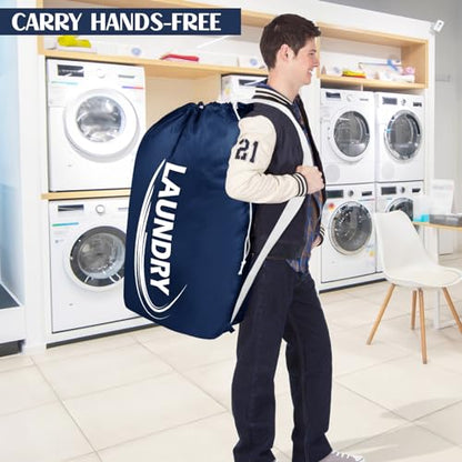 Sylfairy 2 Pack XL Laundry Bag with Strap,Heavy Duty Travel Laundry Bag,Rip-Stop Dirty Clothes Shoulder Bag with Drawstring,Easy Fit a Laundry Hamper or Basket Travel Essentials - color: Rose red+Navy blue