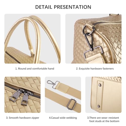 Weekender Bags for Women Woven Leather Travel Duffle Bag with Shoe Compartment, Carry On Garment Bag for Men Women, Large Capacity Water-resistant Gym Tote (Gold) - color: Gold