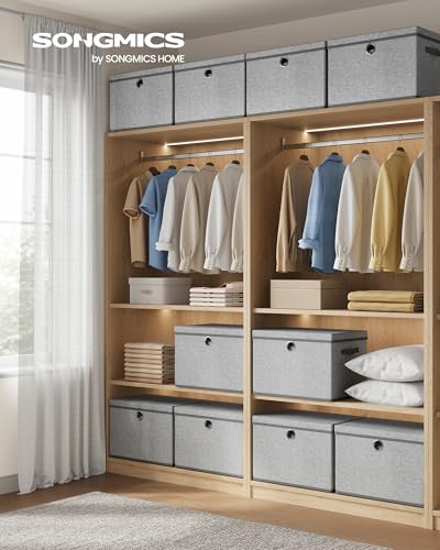 SONGMICS Large Storage Bins with Lids, 41 Quart Fabric Closet Organizer, 3 Pack Foldable Storage Boxes, 16.9"L x 11.8"W x 11.8"H, Dove Gray URFB545GD01