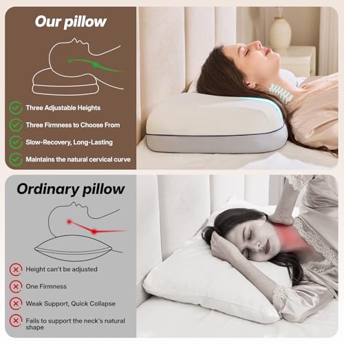 Cervical Neck Pillow for Neck & Shoulder Support, Adjustable Memory Foam Pillow with Customizable Height and Firmness, Ergonomic Pillow for Side, Back，Stomach and Combination Sleepers