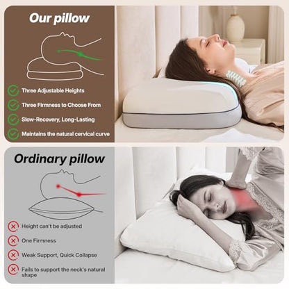 Cervical Neck Pillow for Neck & Shoulder Support, Adjustable Memory Foam Pillow with Customizable Height and Firmness, Ergonomic Pillow for Side, Back，Stomach and Combination Sleepers