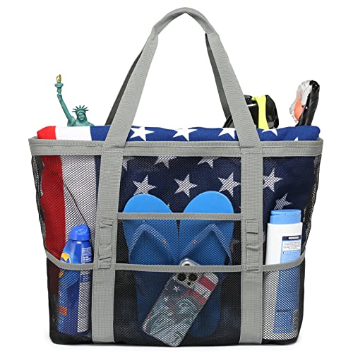 F-color Mesh Beach Bag Family - Large Tote Bag 9 Pockets for Swim Pool Toys Cruise Beach Vacation Essentials - color: Grey, size: Large with Mesh Bottom