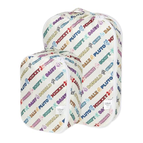 Bumkins Disney Packing Cubes for Travel, Organize Luggage with Compression Bags, Essential Traveling Accessories, Carry On Suitcase for Clothes or Toiletries, Set of 2 Sizes, Mickey and Friends White - color: B1 Mickey & Friends Varsity