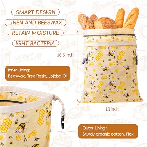 2 Pack Beeswax Bread Bags for Sourdough, Reusable Cotton Linen Bread Storage Bags for Homemade Bread, XL 17'' x 13'', Zipper Closure, Freezer Safe - color: Regular Zipper