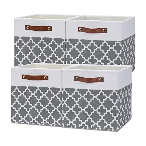 Temary 12x12x12 Fabric Storage Bins 4 Pack with Leather Handle, Foldable Cubes Storage Box Baskets for Closet, Shelf (White&Lattice) - color: Grey Lattice, size: 12×12×12