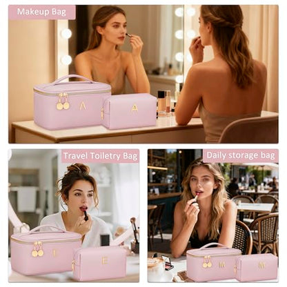 Personalized Initial Makeup Bag Gifts for Women, Large Travel Cosmetic Organizer with Handle & Divider, PU Leather Toiletry Bag for Girls, Birthday Bridesmaid Gift Set - Pink - B - color: Pink, style: B