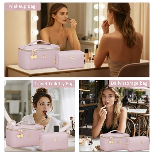 Personalized Initial Makeup Bag Gifts for Women, Large Travel Cosmetic Organizer with Handle & Divider, PU Leather Toiletry Bag for Girls, Birthday Bridesmaid Gift Set - Pink - J - color: Pink, style: J