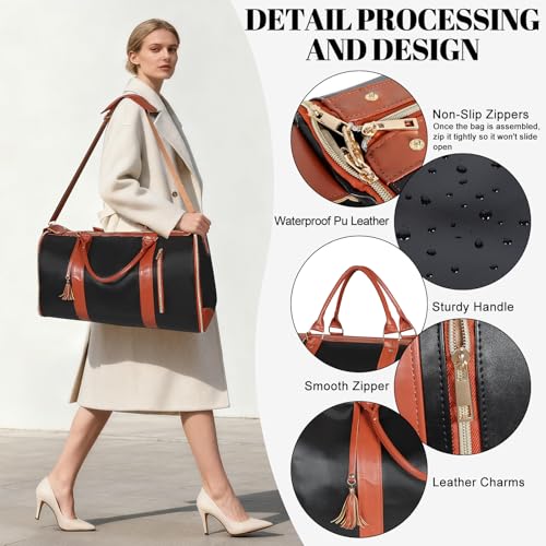 Geestock Garment Duffle Bags for Travel, Convertible Carry On Garment Bag with Shoe Pouch & Shoulder Strap, 2 in 1 Foldable PU Leather Suit Travel Bag for Women & Men, Black - color: Black and Brown