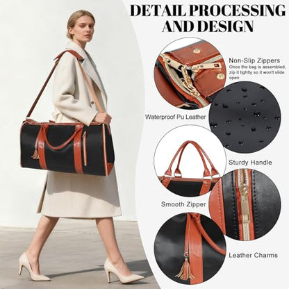 Geestock Garment Duffle Bags for Travel, Convertible Carry On Garment Bag with Shoe Pouch & Shoulder Strap, 2 in 1 Foldable PU Leather Suit Travel Bag for Women & Men, Black - color: Black and Brown