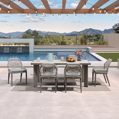 PURPLE LEAF 7 Pieces Patio Dining Set Aluminum Rectangular Table and Wicker Chairs with Cushions for Kitchen Porch Garden Modern Outdoor Furniture Sets, Light Grey - color: Light Grey, size: 7 PCS, style: Rectangular
