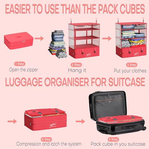 Compressible Packing Cubes Portable Hanging Closet Shelves 17"x12"x24" Extendable Travel Organizer Nylon Packing Bags for Suitcase - color: Red