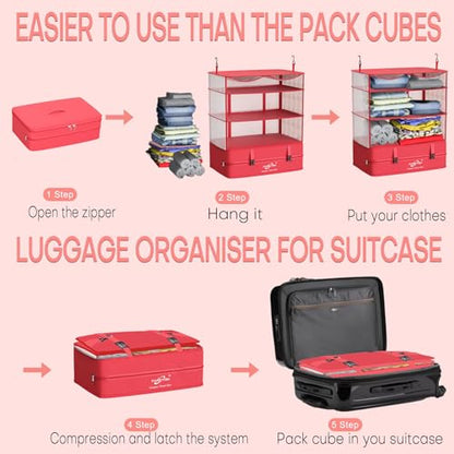 Compressible Packing Cubes Portable Hanging Closet Shelves 17"x12"x24" Extendable Travel Organizer Nylon Packing Bags for Suitcase - color: Red