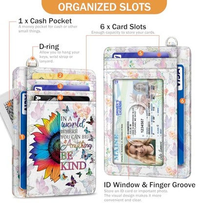 Yonlevres Credit Card Holder Slim Wallet, Be Kind Sunflower RFID Wallet Women Front Pocket Small Card Holder Travel Funny Cute Thin Card Case ID Window PU Leather RFID Blocking Card Organizer Gift - color: Be Kind Sunflower