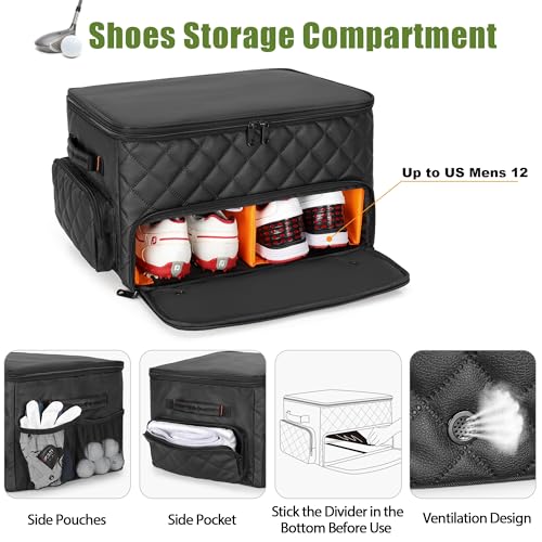 PGmoon 2 Layer Golf Trunk Organizer, Golf Car Storage Organizer with Individual Ventilated Compartment for 2 Pairs Shoes, Golf Car Locker for Balls, Clothes, Tees, Gloves, Accessories (Black) - color: Black