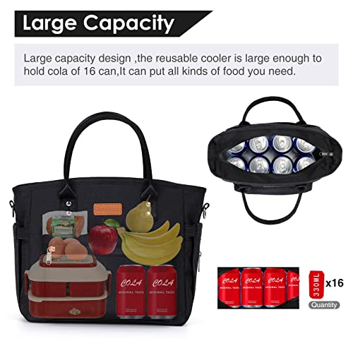 Insulated Lunch Bag for Women/Men,LeakProof Adult Lunch Box,Large Lunch Tote Bag with Removable Shoulder Strap,Portable Reusable Lunch Cooler Bag for Office Work Picnic Beach - color: Black